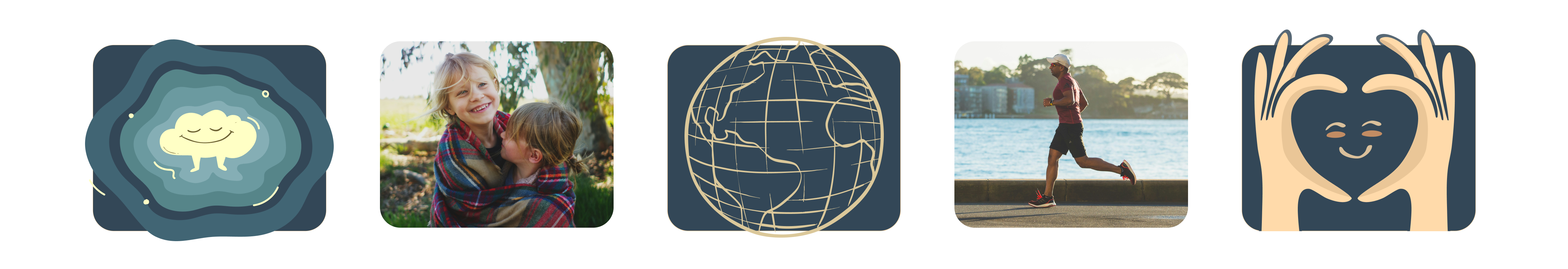 Five icons representing different concepts: a brain, two children hugging, a globe, a person running, and a heart with hands.