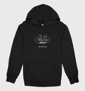 Black hoodie with white graphic bicycle design on a light gray background