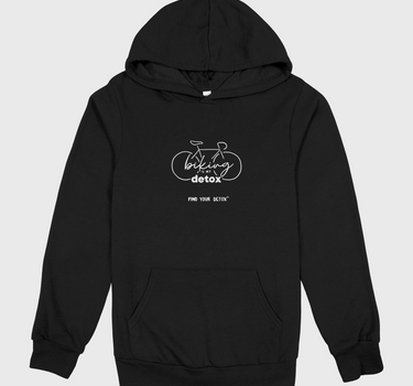 Black hoodie with white graphic bicycle design on a light gray background