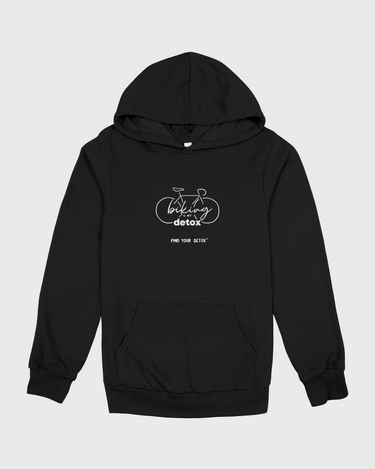 Black hoodie with white graphic bicycle design on a light gray background