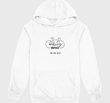 White hoodie with bicycle design and black text on a white background