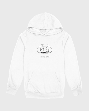 White hoodie with bicycle design and black text on a white background