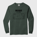 Green long-sleeve shirt with 'Music is my detox' graphic and text