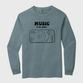 Blue long-sleeve tshirt with music-themed graphic and text