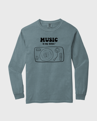 Blue long-sleeve tshirt with music-themed graphic and text