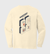 Beige sweatshirt with Mahjong design and text on a light gray background
