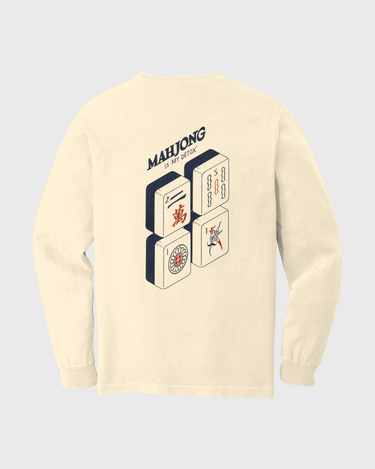 Beige sweatshirt with Mahjong design and text on a light gray background