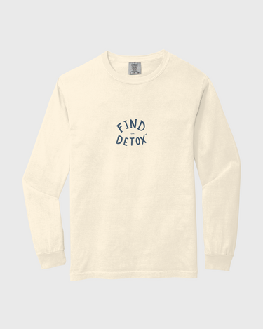 Beige long-sleeve shirt with 'Find Detox' text on a light gray background