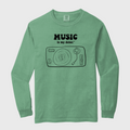 Green long-sleeve shirt with 'Music is my detox' graphic and text 