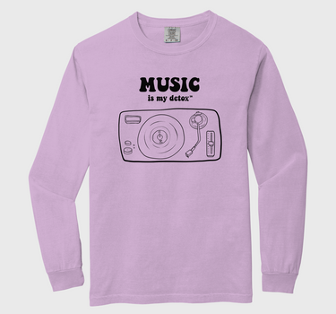 Purple long-sleeve shirt with music-themed graphic and text