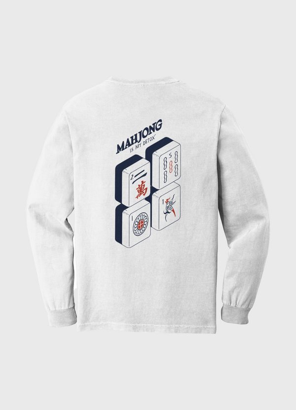 White long-sleeve shirt with Mahjong design on a white background