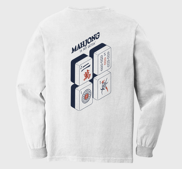 White long-sleeve shirt with Mahjong design on a white background