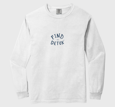 White long-sleeve shirt with 'Find Detox' text on a white background