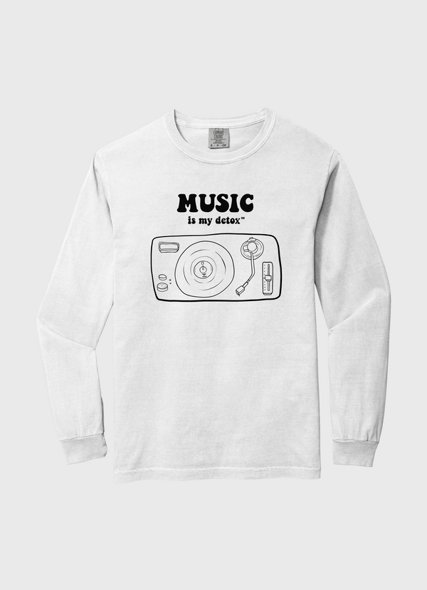 White long-sleeve tshirt with music-themed graphic and text on a white background