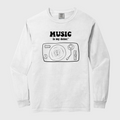 White long-sleeve tshirt with music-themed graphic and text on a white background