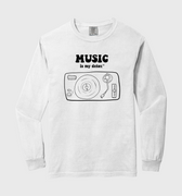White long-sleeve tshirt with music-themed graphic and text on a white background