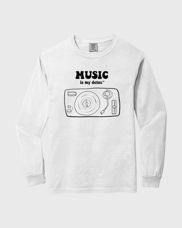 White long-sleeve tshirt with music-themed graphic and text on a white background