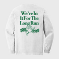 White sweatshirt with green text and graphic on a white background