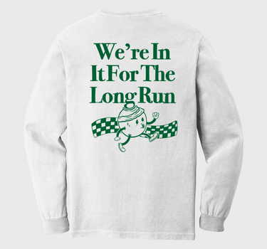 White sweatshirt with green text and graphic on a white background