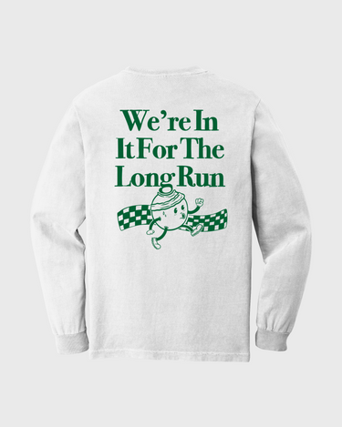White sweatshirt with green text and graphic on a white background