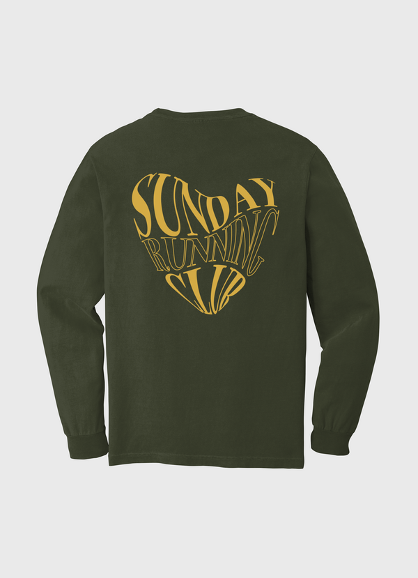 Green long-sleeve shirt with yellow text Sunday Running Club