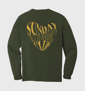 Green long-sleeve shirt with yellow text Sunday Running Club