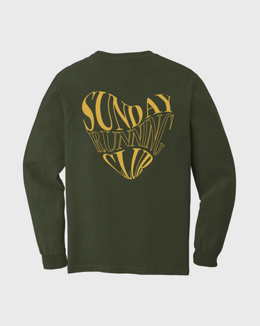 Green long-sleeve shirt with yellow text Sunday Running Club