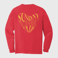 Red long-sleeve shirt with yellow text Sunday Running Club