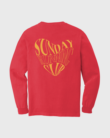 Red long-sleeve shirt with yellow text Sunday Running Club