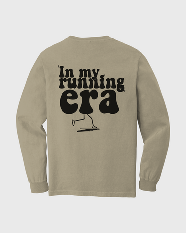 Beige long-sleeve shirt with 'In my running era' text and graphic