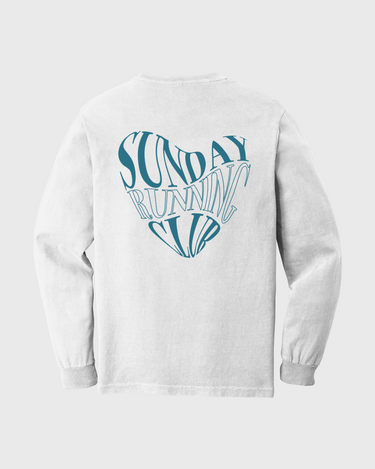 White long-sleeve shirt with 'Sunday Running' design on a white background