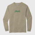 Khaki long-sleeve shirt with green logo on a white background