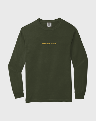 Green long-sleeve shirt with yellow text FIND YOUR DETOX