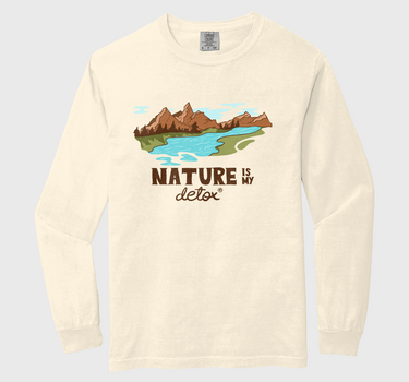 Long-sleeve shirt with nature-themed graphic and 'Nature is my detox' text on a off white background