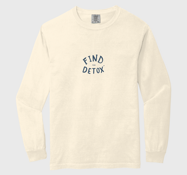 Beige long-sleeve shirt with 'Find Detox' text in dark gray
