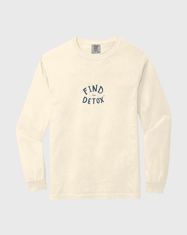 Beige long-sleeve shirt with 'Find Detox' text in dark gray