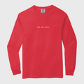 Red long-sleeve shirt with yellow text FIND YOUR DETOX