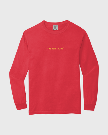 Red long-sleeve shirt with yellow text FIND YOUR DETOX