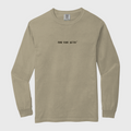 Khaki long-sleeve shirt with text on a white background