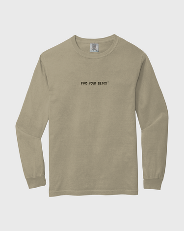 Khaki long-sleeve shirt with text on a white background
