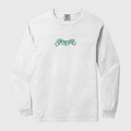 White long-sleeve shirt with green logo on a white background