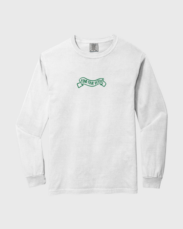 White long-sleeve shirt with green logo on a white background
