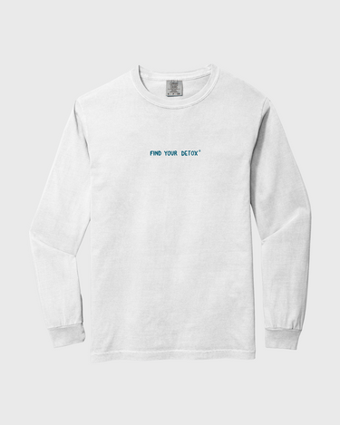 White long-sleeve shirt with text on a white background