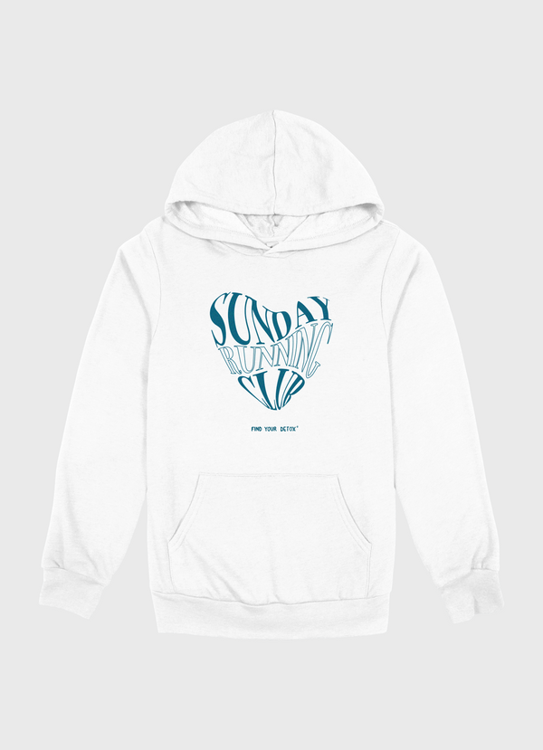 White hoodie with blue graphic design on a light gray background