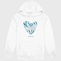 White hoodie with blue graphic design on a light gray background