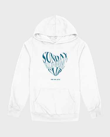 White hoodie with blue graphic design on a light gray background