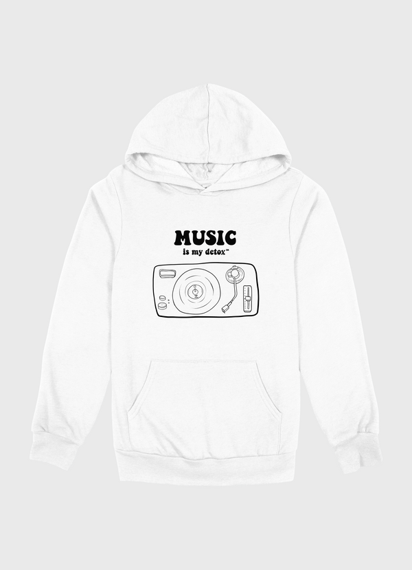 White hoodie with music-themed design on a gray background