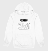 White hoodie with music-themed design on a gray background