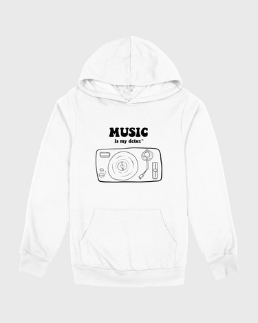 White hoodie with music-themed design on a gray background