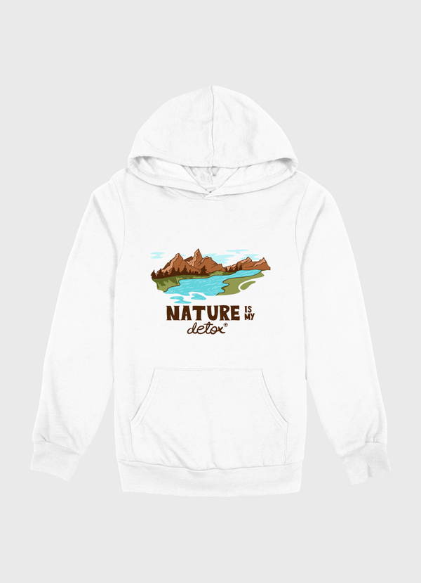 White hoodie with nature-themed graphic and text on a gray background